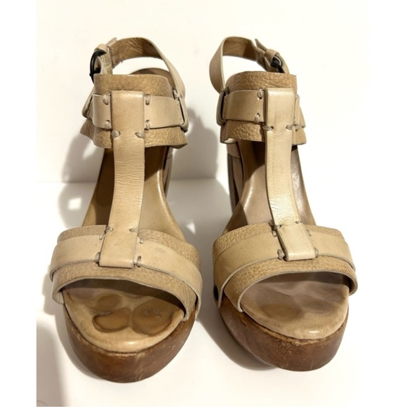 ALL SAINT Rosalina Platform Sandals Nude Leather T-Strap Buckle Abstract Heel 37 - Picture 3 of 14